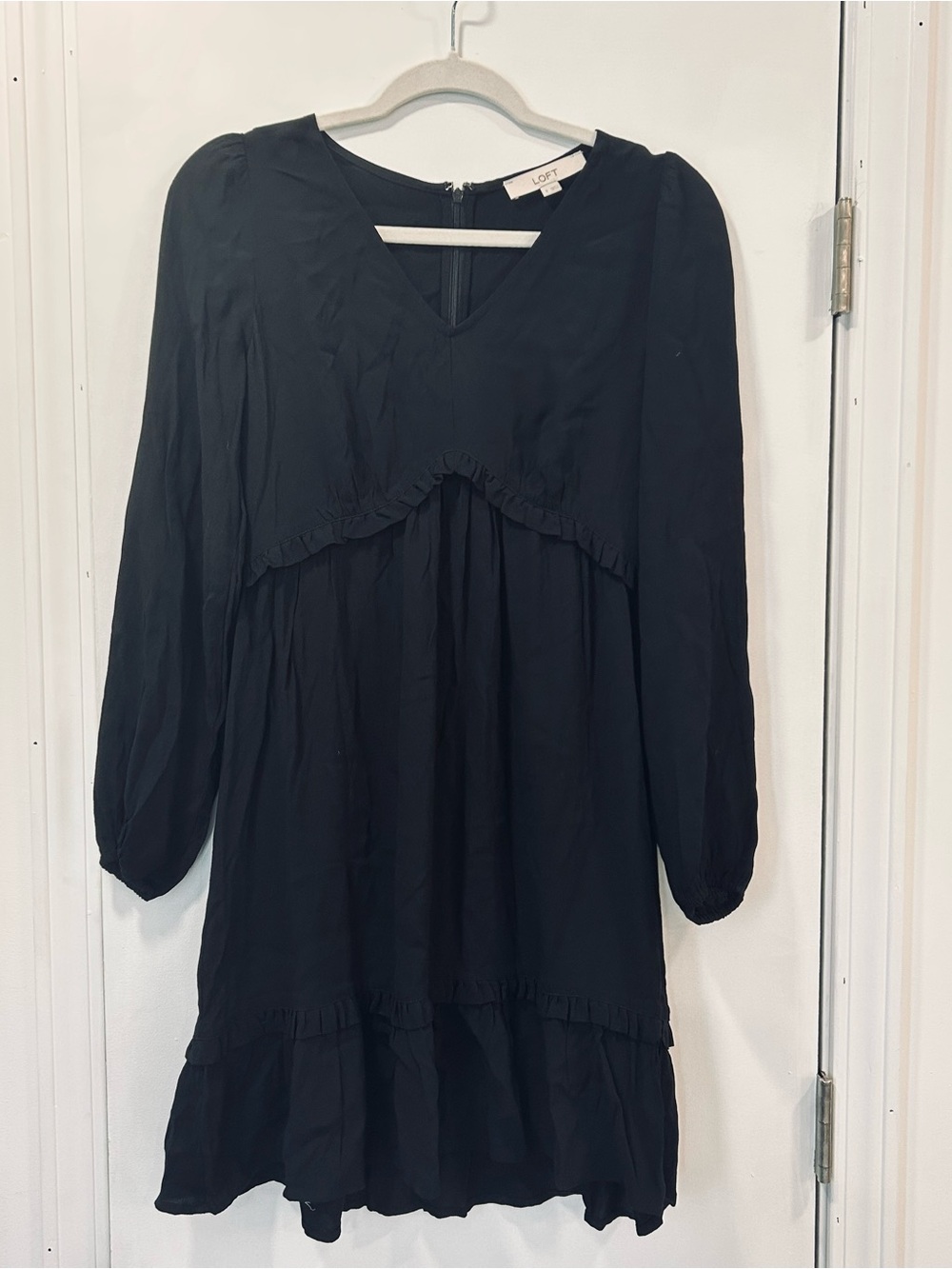 LOFT Black Long Sleeve V-Neck Ruffle Tiered Mini Dress
